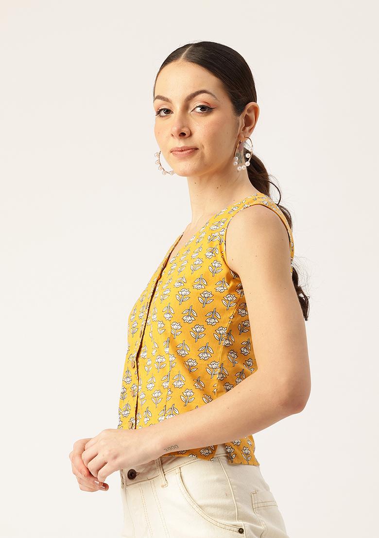 Mustard Printed Cotton Blouse - Indya