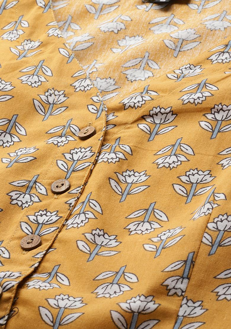 Mustard Printed Cotton Blouse - Indya