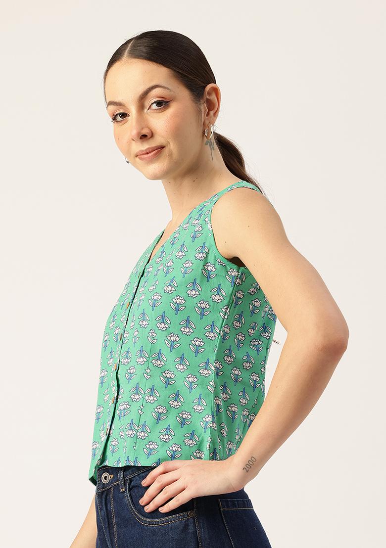 Green Printed Cotton Blouse - Indya