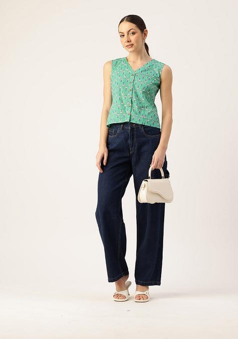 Green Printed Cotton Blouse