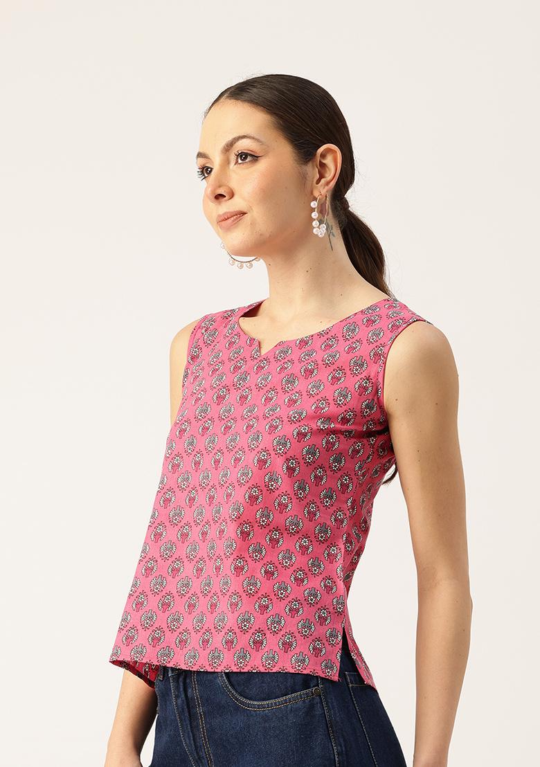 Pink Printed Cotton Blouse - Indya