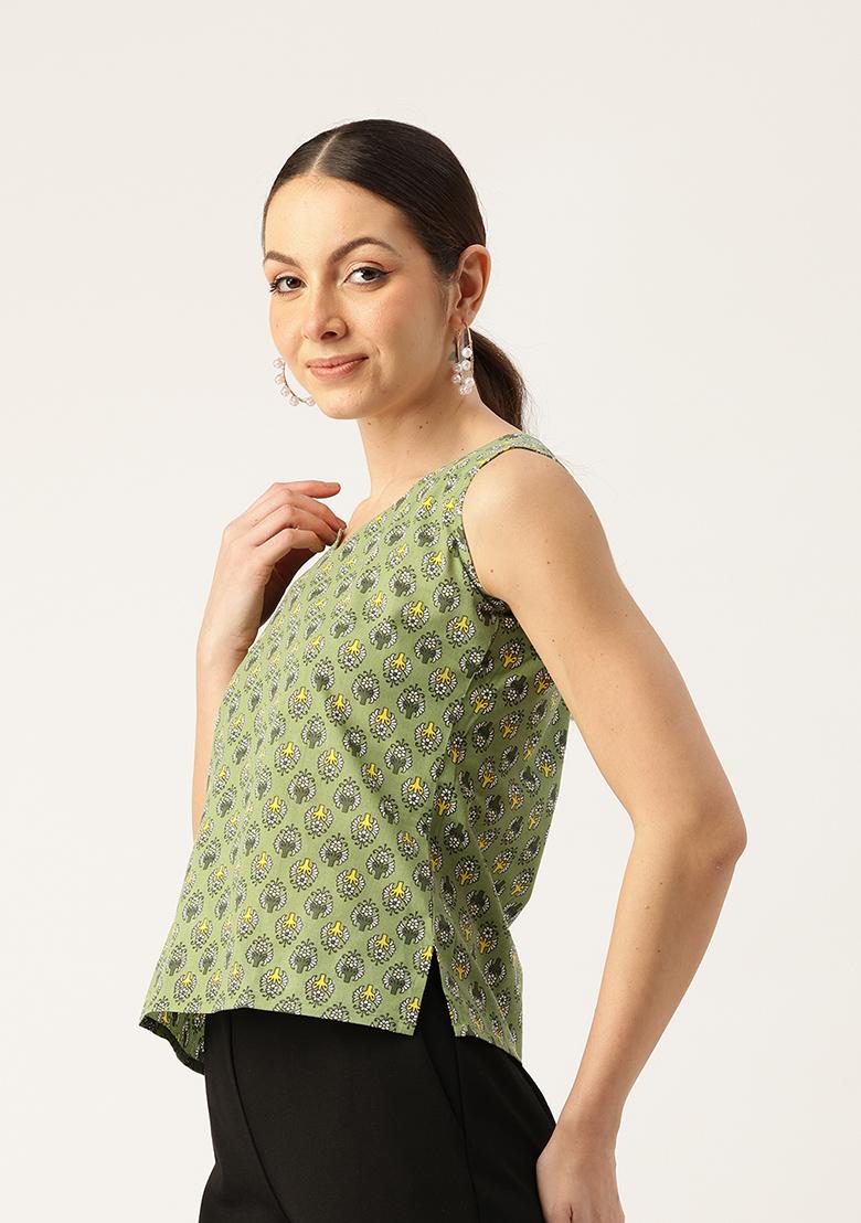 Olive Printed Cotton Blouse - Indya