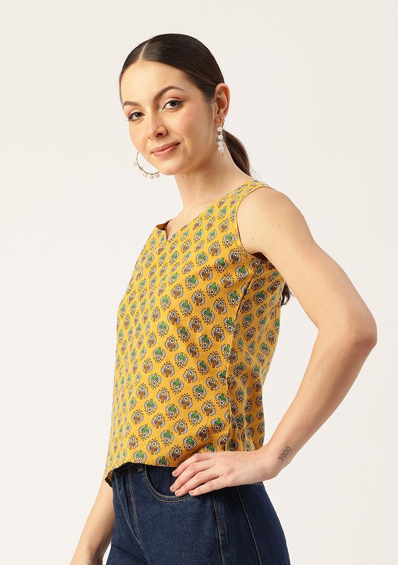 Mustard Printed Cotton Blouse - Indya