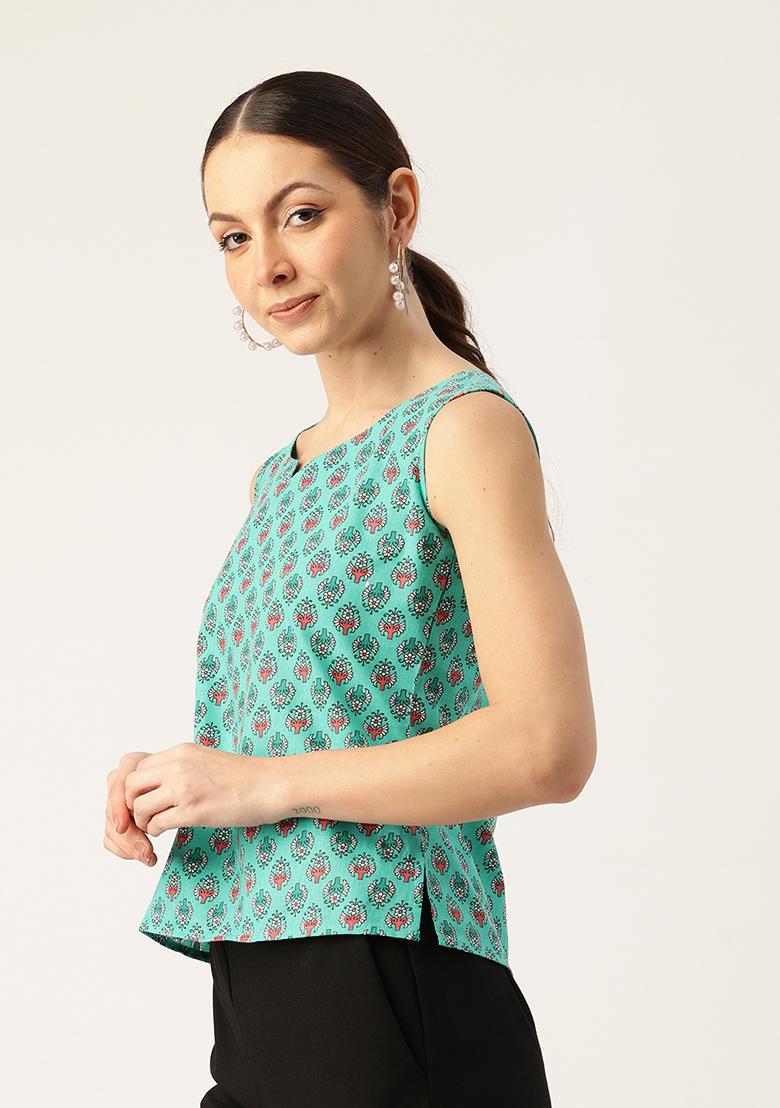 Green Printed Cotton Blouse - Indya
