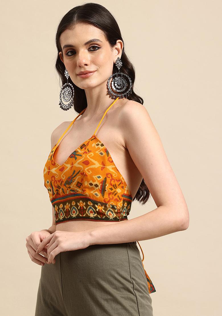 Yellow Printed Chanderi Blouse - Indya