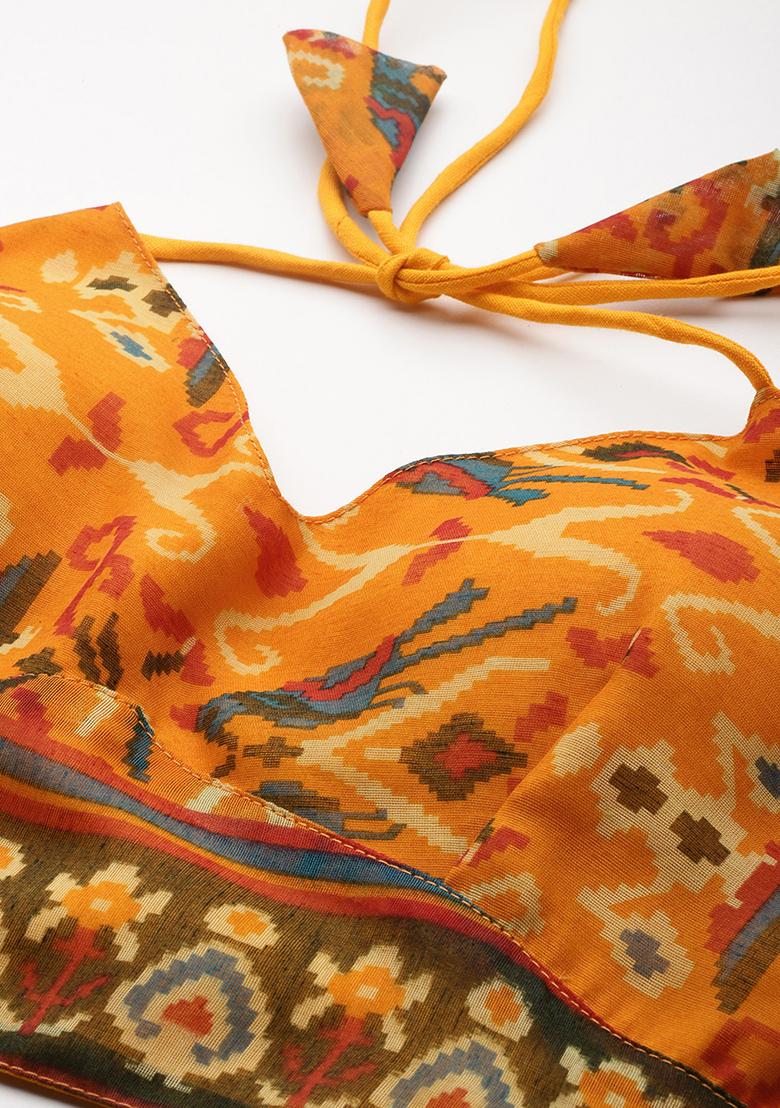 Yellow Printed Chanderi Blouse - Indya