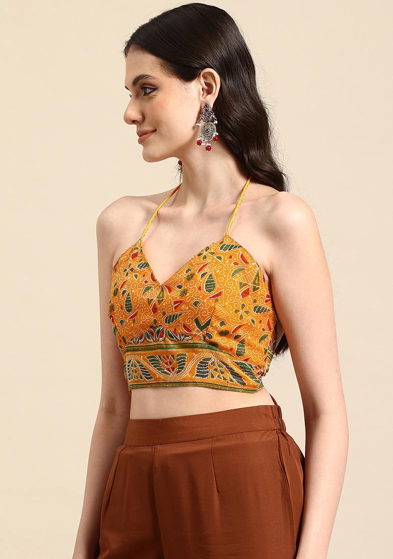 Yellow Printed Chanderi Blouse - Indya