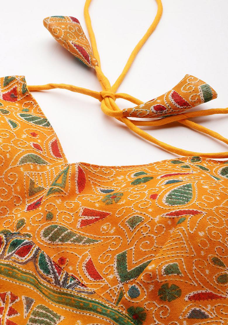 Yellow Printed Chanderi Blouse - Indya