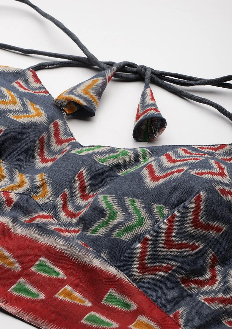 Red Printed Chanderi Blouse - Indya