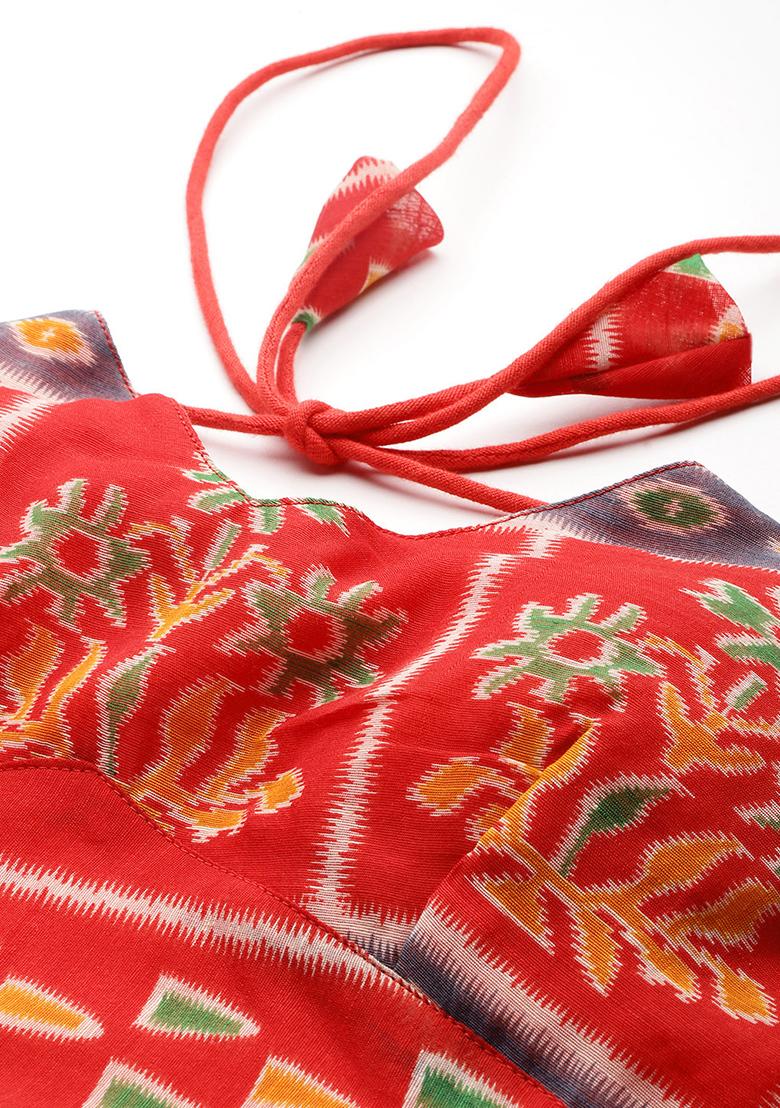 Red Printed Chanderi Blouse - Indya