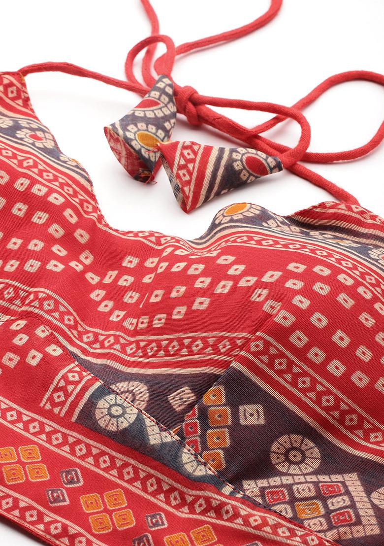 Red Printed Chanderi Blouse - Indya