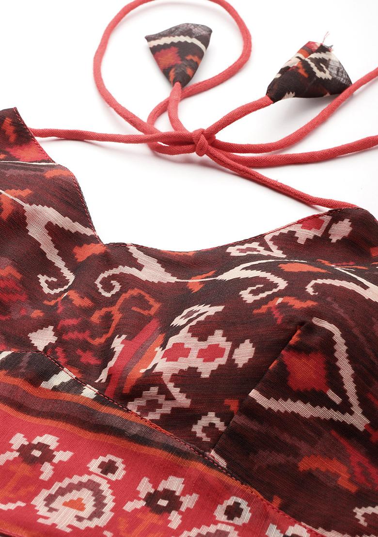 Brown Printed Chanderi Blouse - Indya