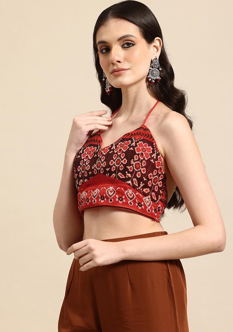 Brown Printed Chanderi Blouse - Indya