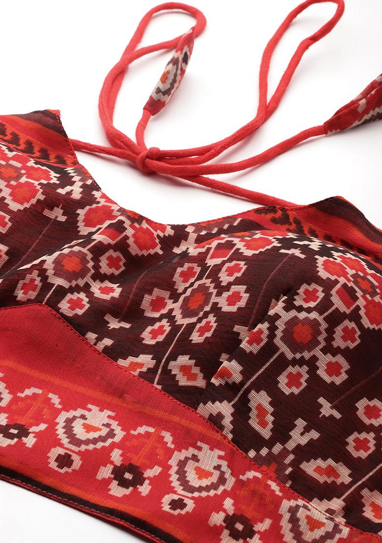 Brown Printed Chanderi Blouse - Indya