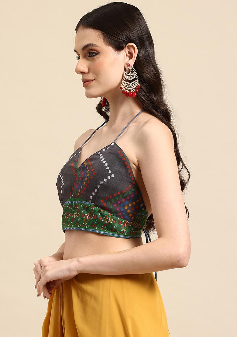 Grey Printed Chanderi Blouse - Indya