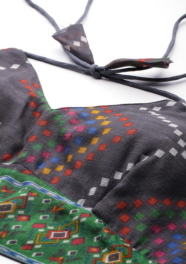 Grey Printed Chanderi Blouse - Indya