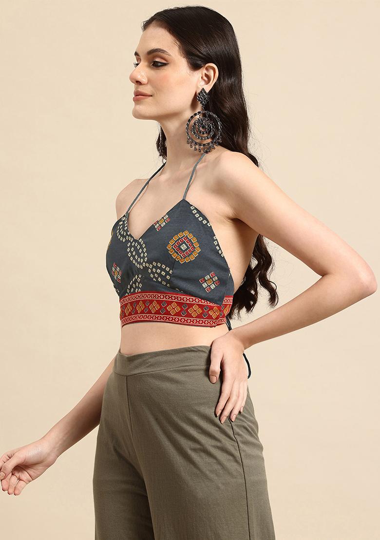 Grey Printed Chanderi Blouse - Indya