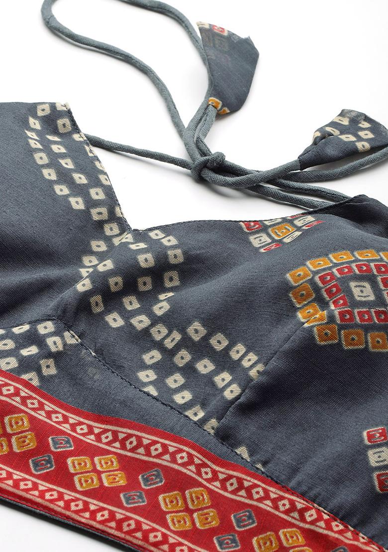 Grey Printed Chanderi Blouse - Indya