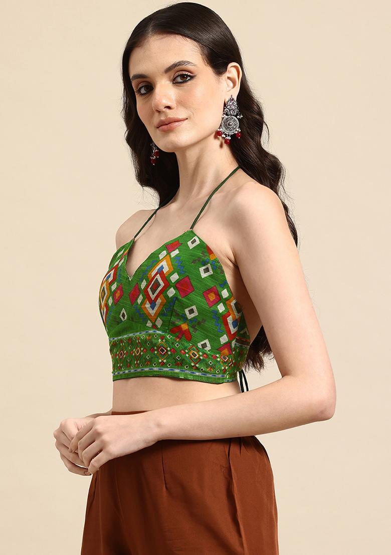 Green Printed Chanderi Blouse - Indya