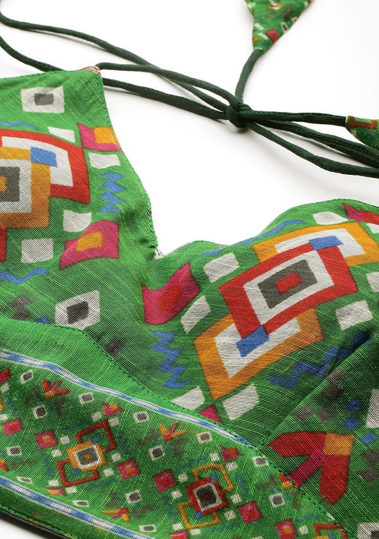 Green Printed Chanderi Blouse - Indya