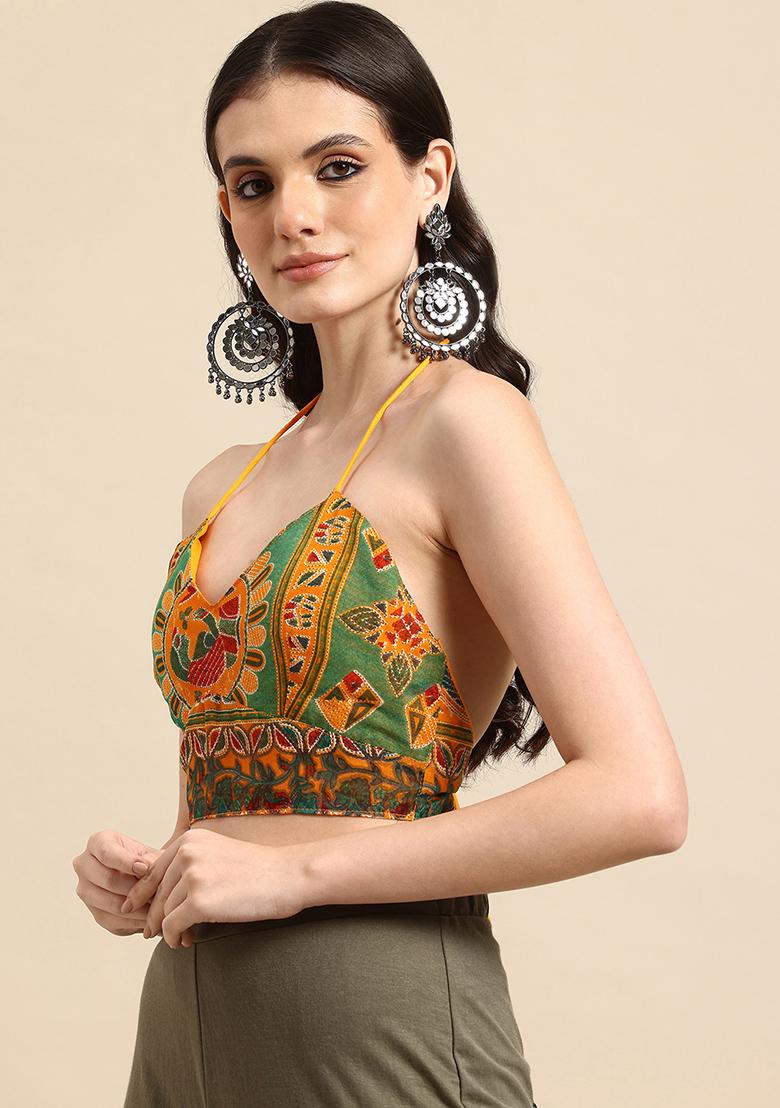 Green Printed Chanderi Blouse - Indya