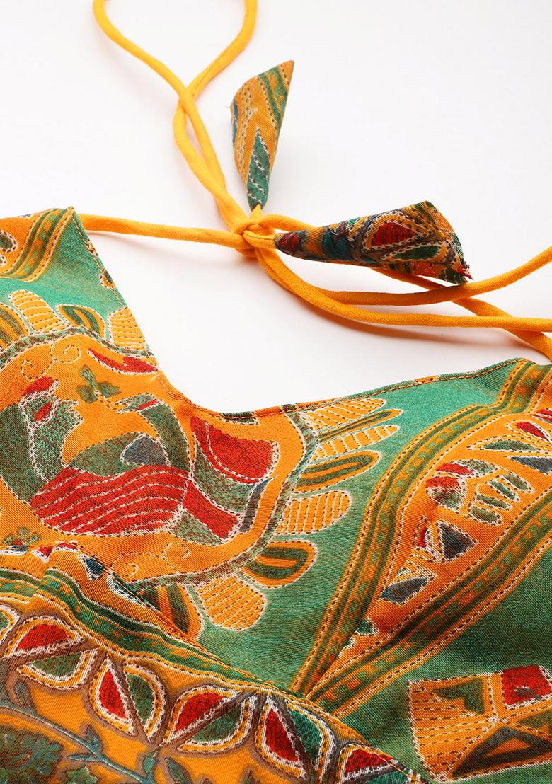 Green Printed Chanderi Blouse - Indya