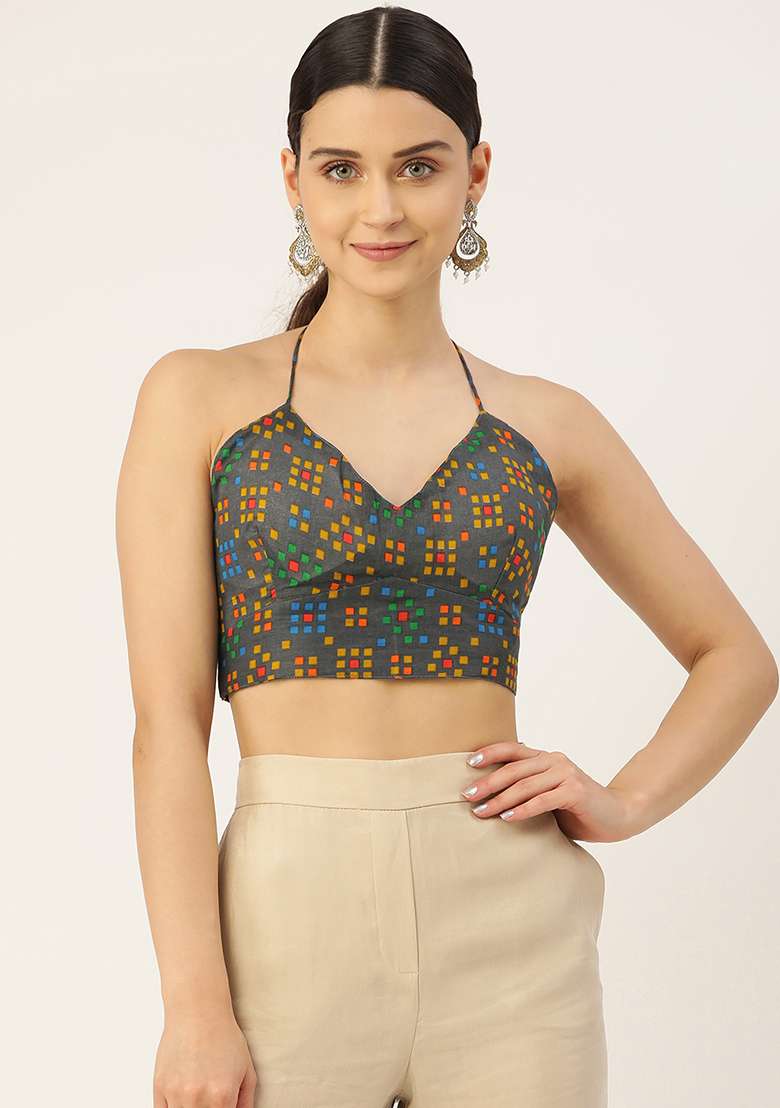 Grey Printed Cotton Blouse - Indya