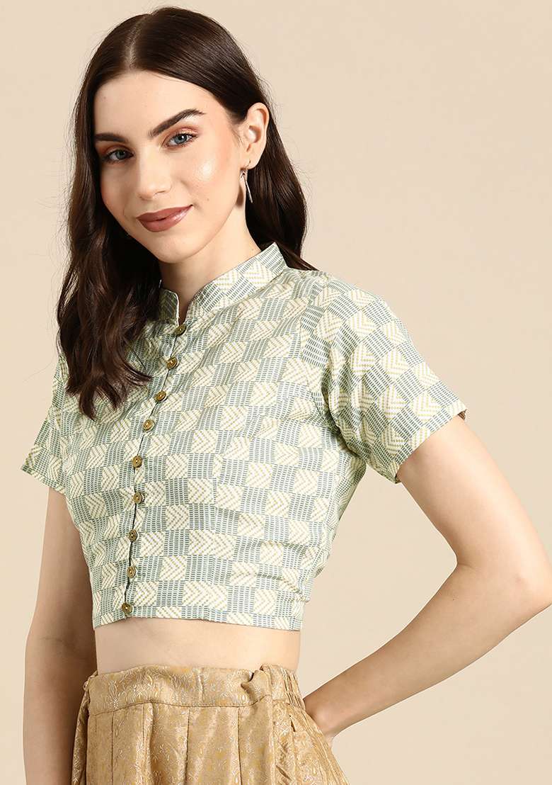 Cream Printed Cotton Blouse - Indya