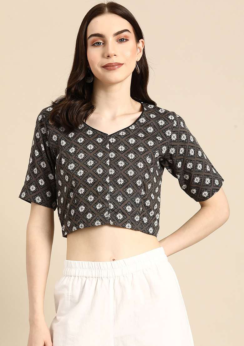 Black Printed Cotton Blouse - Indya