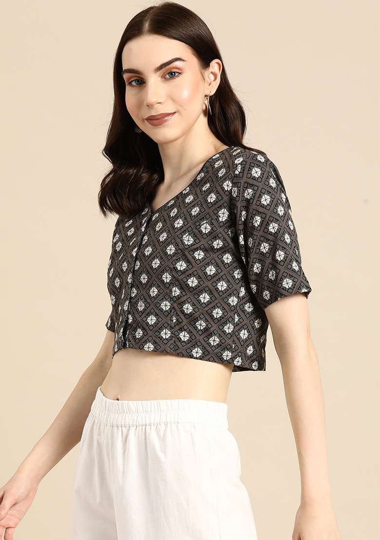 Black Printed Cotton Blouse - Indya