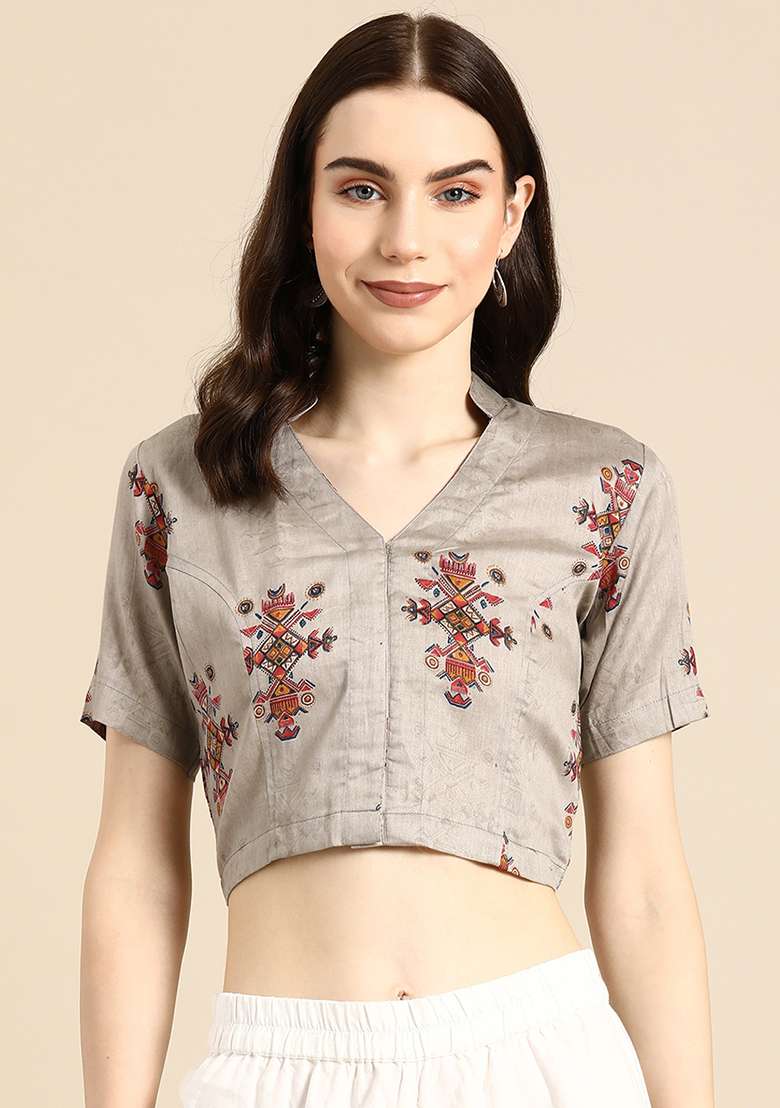 Grey Printed Cotton Blouse - Indya