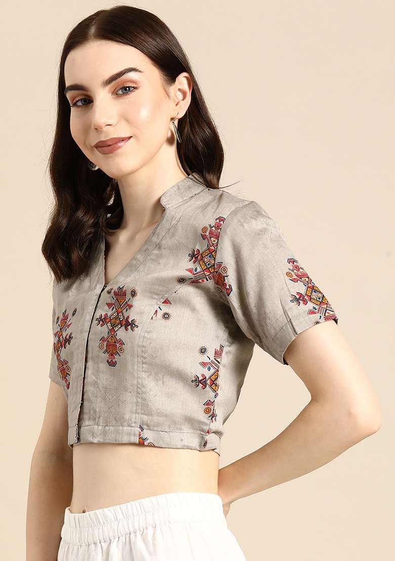 Grey Printed Cotton Blouse - Indya