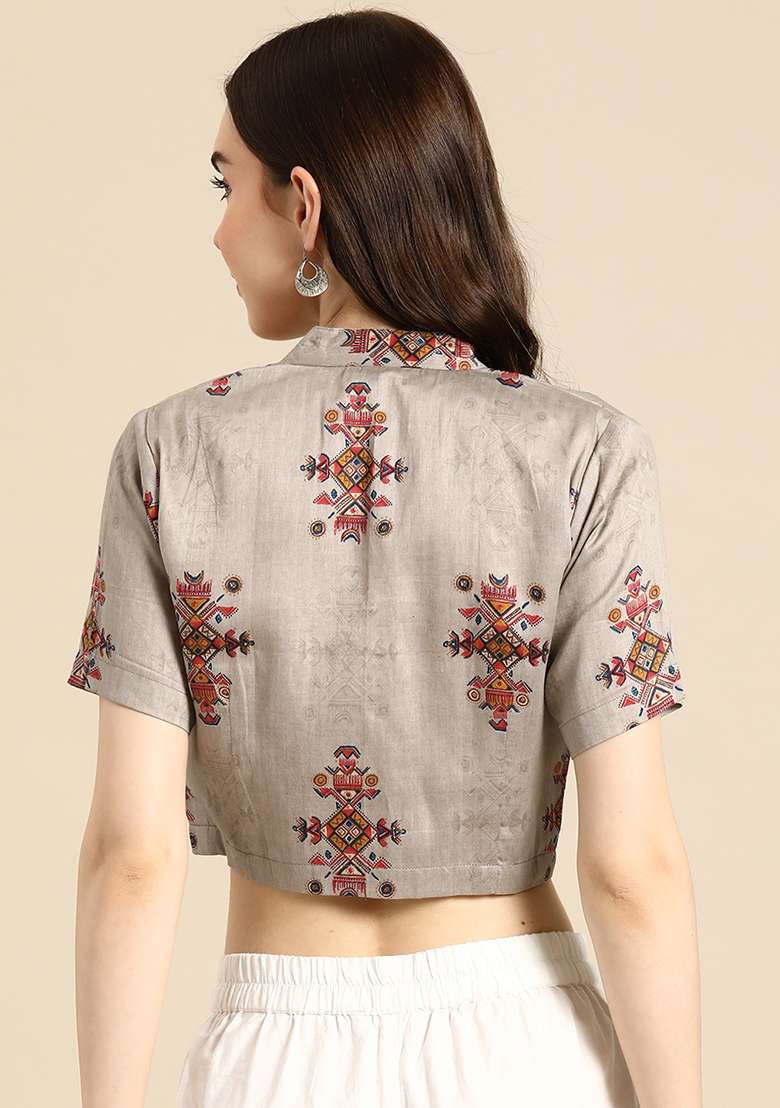 Grey Printed Cotton Blouse - Indya