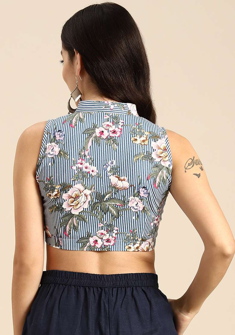 Blue Printed Cotton Blouse - Indya