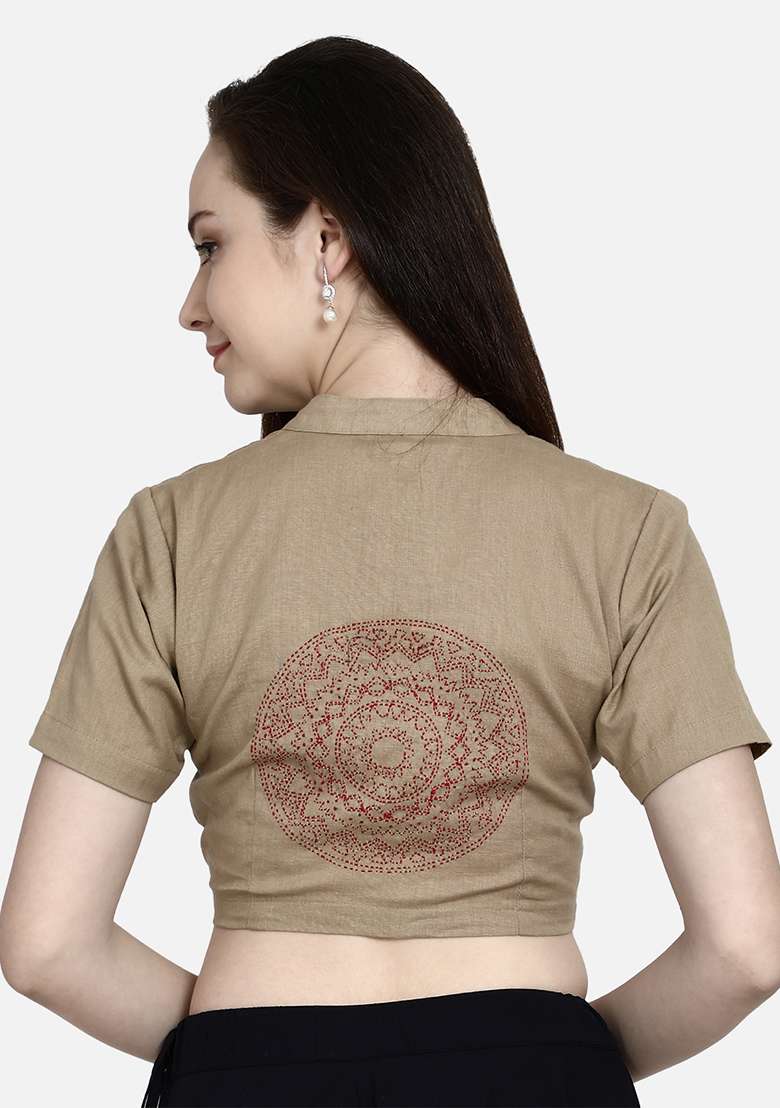 Beige Embroidery Cotton Blouse - Indya