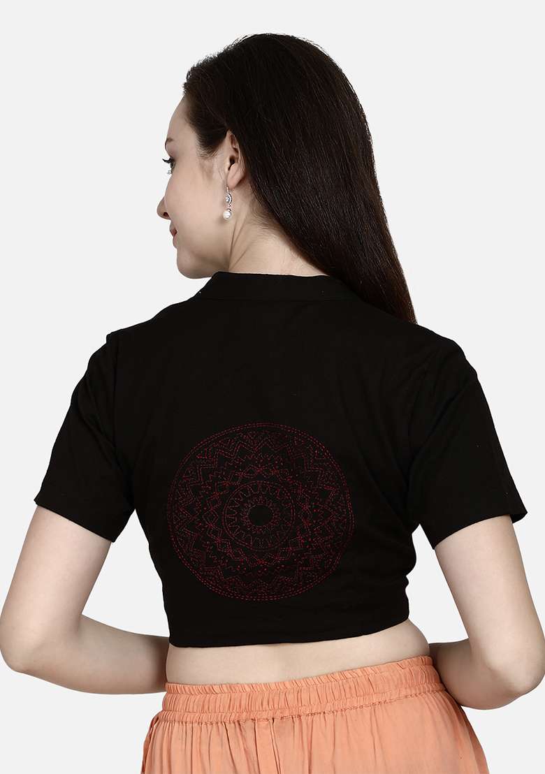 Black Embroidery Cotton Blouse - Indya