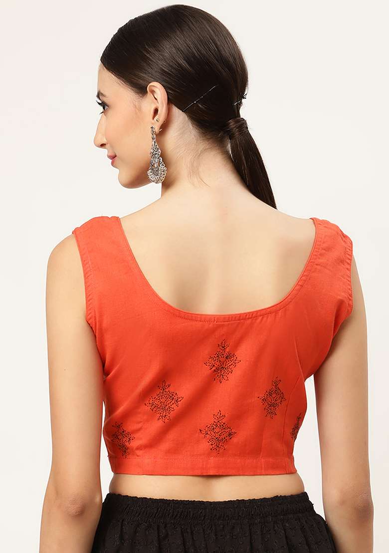 Rust Embroidery Cotton Blouse - Indya