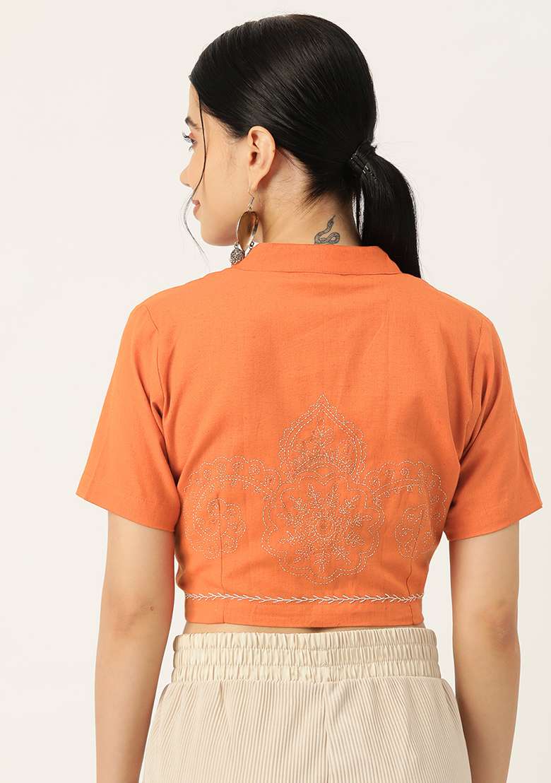Rust Embroidery Cotton Blouse - Indya