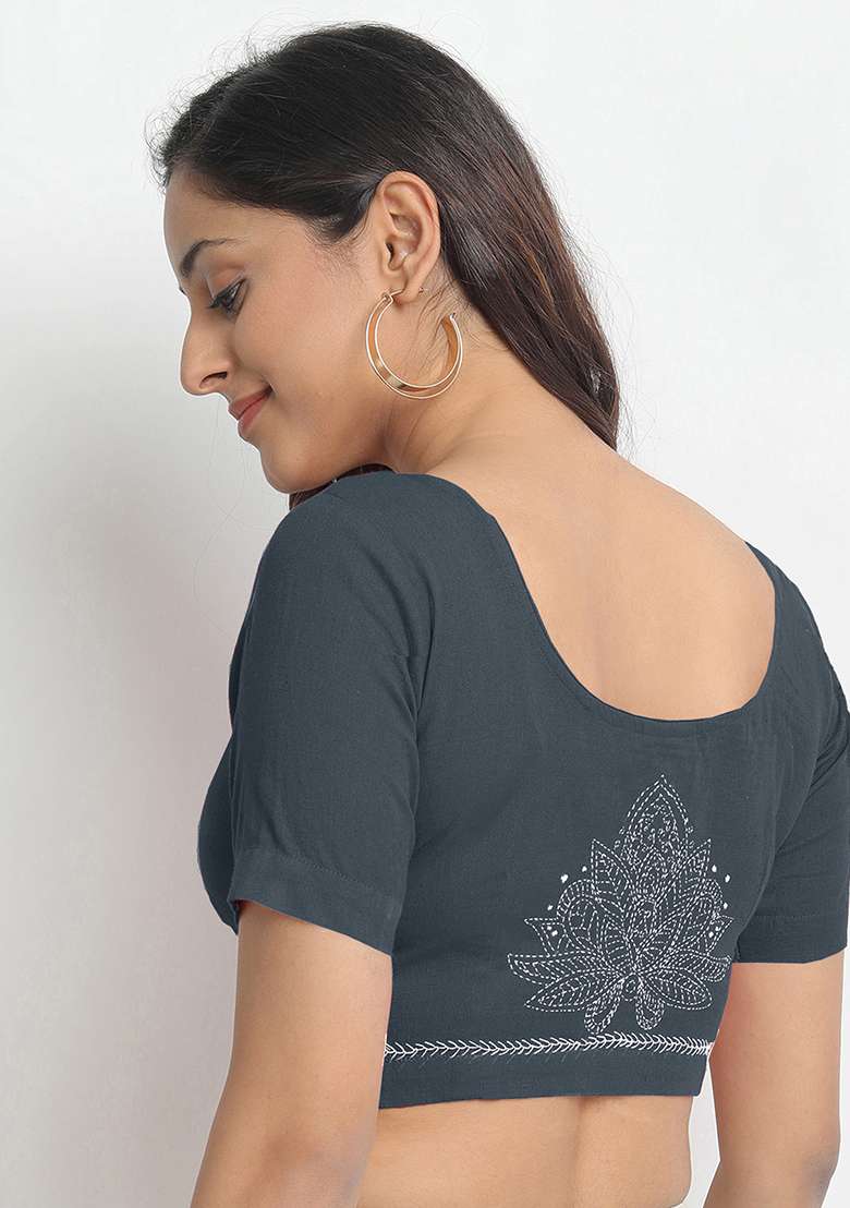 Grey Embroidery Cotton Blouse - Indya