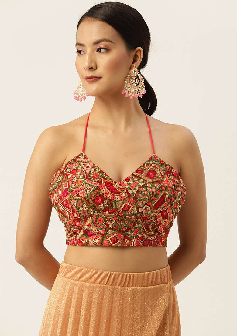 Red Embroidery Georgette Blouse - Indya