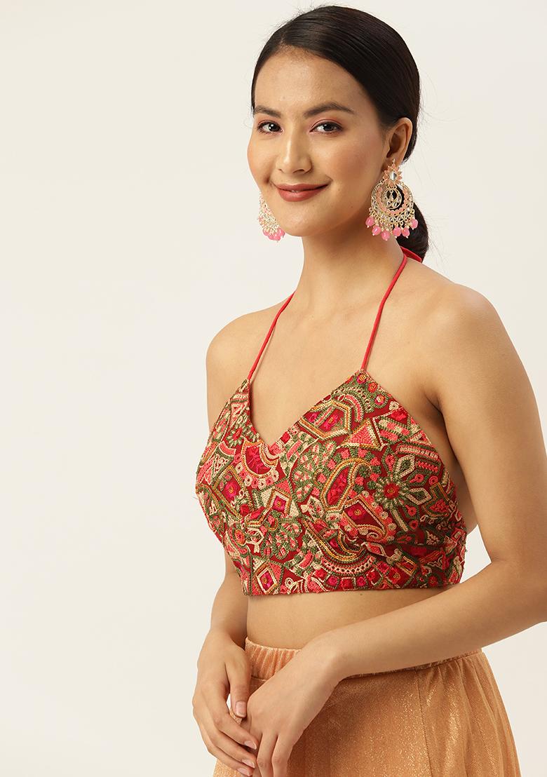 Red Embroidery Georgette Blouse - Indya