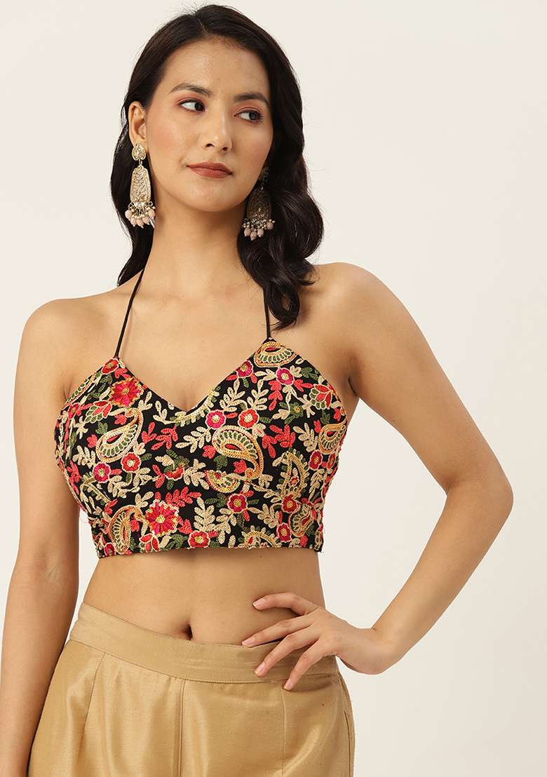Black Embroidery Georgette Blouse - Indya