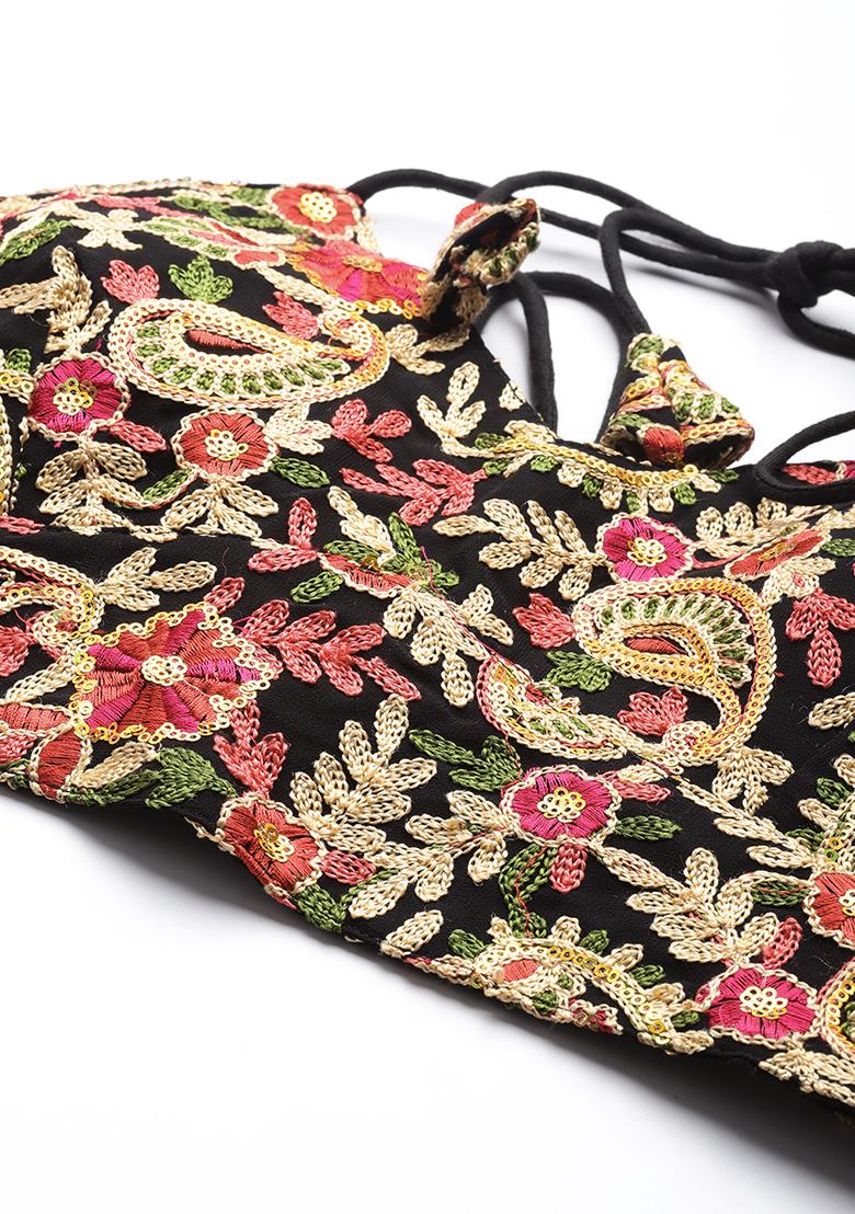 Black Embroidery Georgette Blouse - Indya