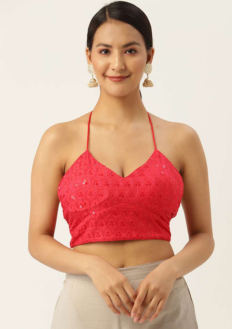 Red Embroidery Georgette Blouse - Indya