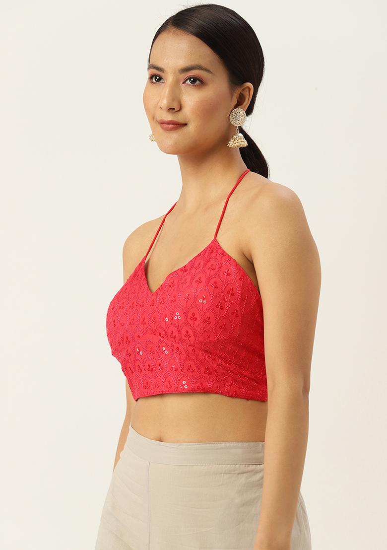 Red Embroidery Georgette Blouse - Indya