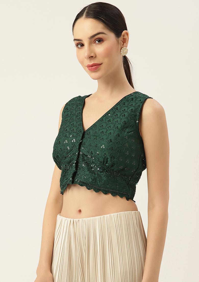 Green Embroidery Georgette Blouse - Indya