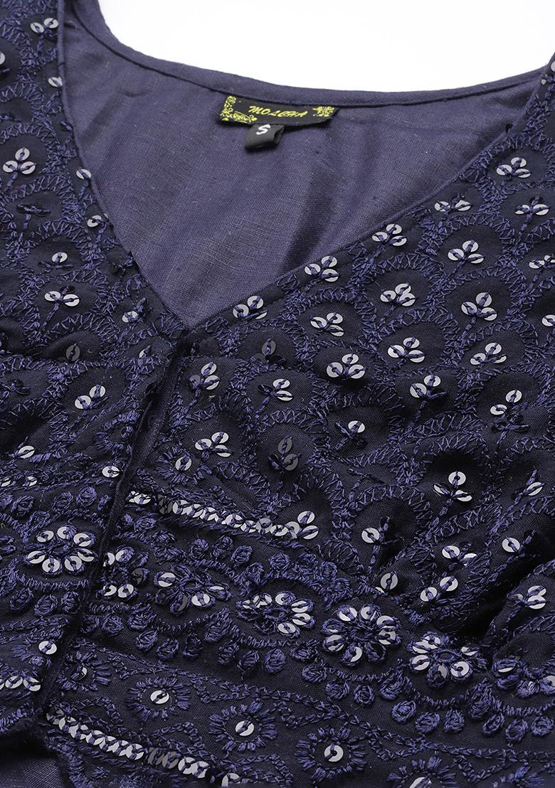 Blue Embroidery Georgette Blouse - Indya