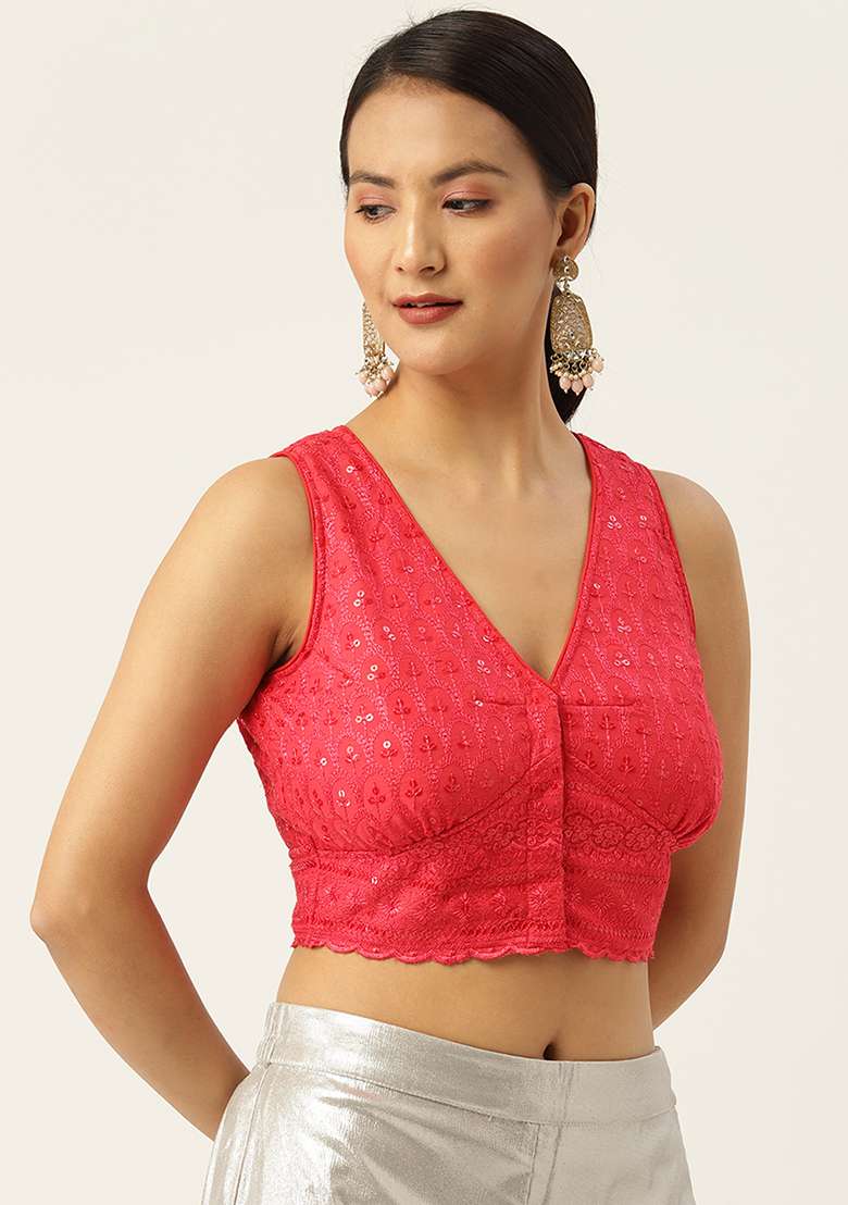 Red Embroidery Georgette Blouse - Indya