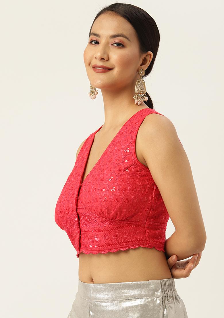Red Embroidery Georgette Blouse - Indya