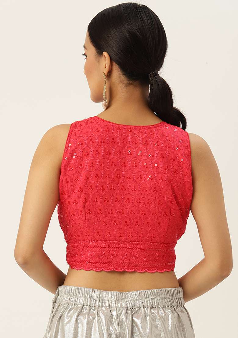 Red Embroidery Georgette Blouse - Indya